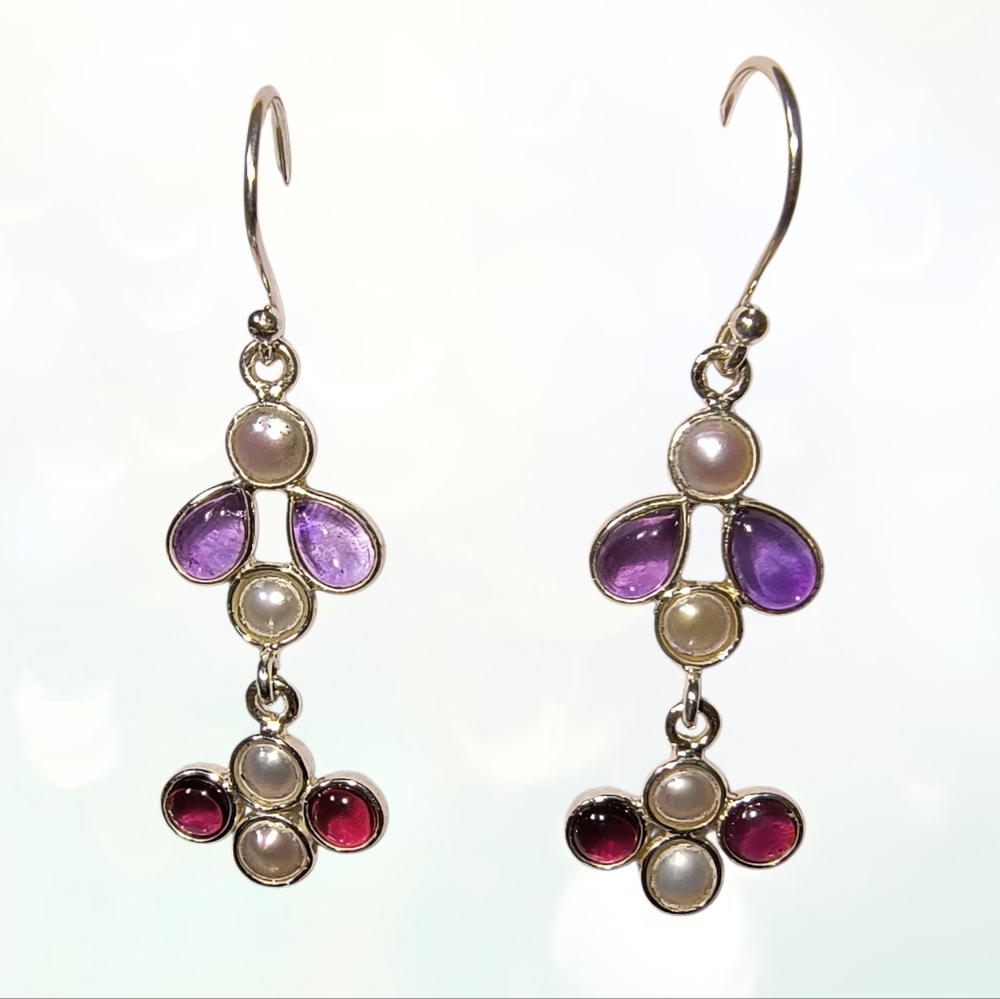Amethyst, Garnet And Pearl Dangle Earrings In Sterling Silver Setting